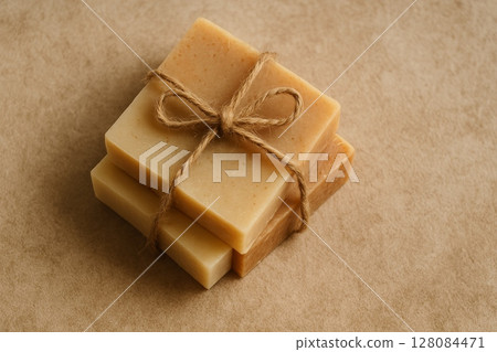 Natural handmade soap bars tied with jute rope on beige background, eco skincare and spa product concept 128084471