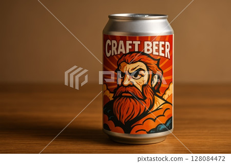 Aluminum beer can with bold illustrated label featuring bearded man on wooden table, close-up studio shot 128084472