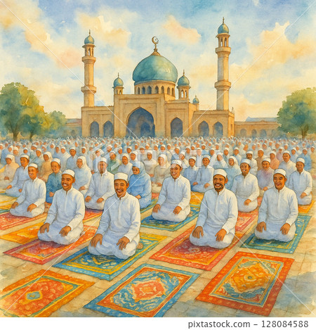 祈禱的早晨 | 一群穆斯林在穆斯林清真寺前祈禱的水彩插圖 祈禱的早晨 | 一群穆斯林在穆斯林清真寺前祈禱的水彩插圖 128084588