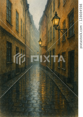 暮雨中的歐洲石板古鎮 | 水彩風格寧靜的街景插畫 雨中的鵝卵石歐洲古鎮 | 水彩風格寧靜的街景插畫 128084598