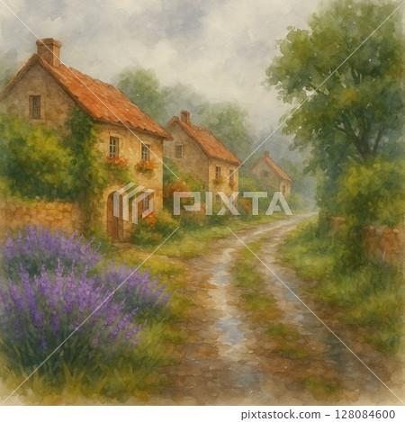 A rural landscape with lavender and stone houses | Watercolor rural illustration A rural road with lavender and stone houses | Watercolor rural illustration A rural landscape with lavender and stone houses | Watercolor rural illustration A rural road with lavender and stone houses | Watercolor rural illustration 128084600