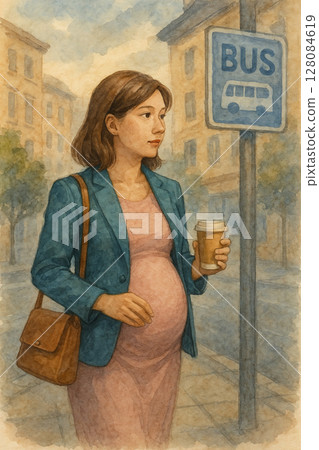 孕婦傍晚上班的路 | 溫暖溫柔的媽媽 | 孕婦在公共火車站的水彩畫 128084619