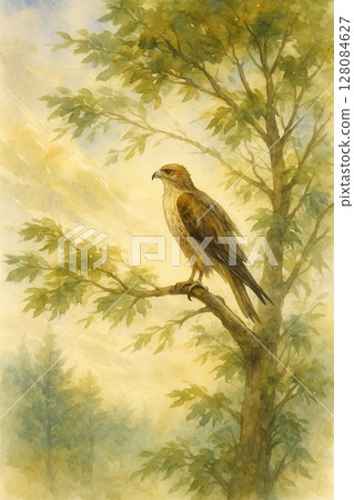 森林中的鷹 | 水彩寫實動物插圖 森林中的鷹的姿態 | 水彩寫實插圖 128084627