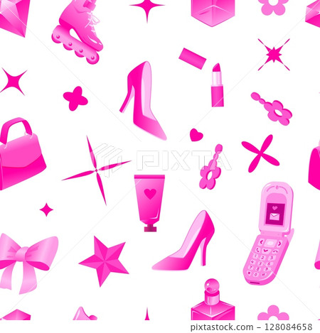 Seamless Pattern with Pink Y2K Aesthetic Elements Including Heels Flip Phone Lipstick Roller Skates Handbag Bow Perfume Tube Earrings and Stars on White Background Seamless Pattern with Pink Y2K Aesthetic Elements Including Heels Flip Phone Lipstick Roller Skates Handbag Bow Perfume Tube Earrings and Stars on White Background 128084658