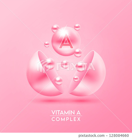 Vitamin A complex and Minerals float out of the capsule isolated on pink background. Dietary supplement for pharmacy advertisement, package design. Vector EPS10. 128084660