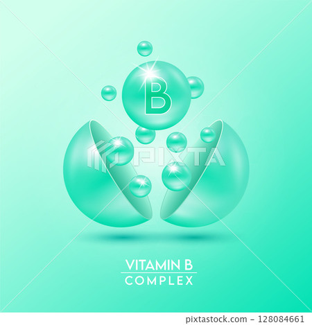 Vitamin B complex and Minerals float out of the capsule isolated on green background. Dietary supplement for pharmacy advertisement, package design. Vector EPS10. 128084661