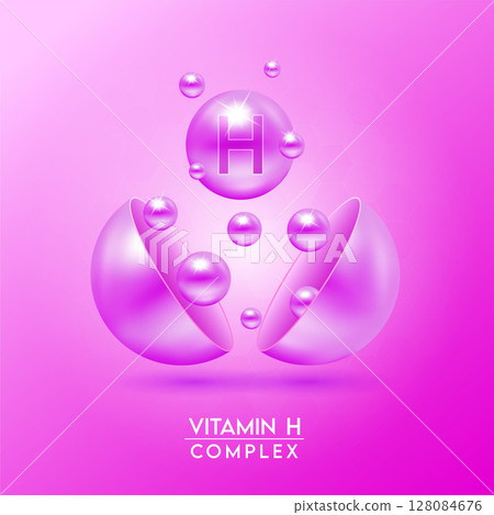 Purple vitamin H complex and Minerals float out of the capsule isolated on red background. Dietary supplement for pharmacy advertisement, package design. Vector EPS10. 128084676
