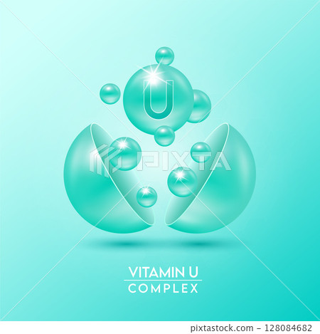 Blue vitamin U complex and Minerals float out of the capsule isolated on red background. Dietary supplement for pharmacy advertisement, package design. Vector EPS10. Blue vitamin U complex and Minerals float out of the capsule isolated on red background. Dietary supplement for pharmacy advertisement, package design. Vector EPS10. 128084682