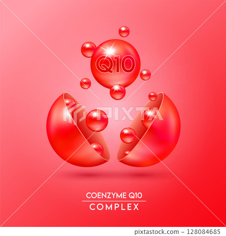 Coenzyme Q10 complex and Minerals float out of the capsule isolated on red background. Dietary supplement for pharmacy advertisement, package design. Vector EPS10. Coenzyme Q10 complex and Minerals float out of the capsule isolated on red background. Dietary supplement for pharmacy advertisement, package design. Vector EPS10. 128084685