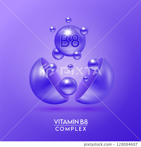 Vitamin B8 complex and Minerals float out of the capsule isolated on dark background. Dietary supplement for pharmacy advertisement, package design. Vector EPS10. Vitamin B8 complex and Minerals float out of the capsule isolated on dark background. Dietary supplement for pharmacy advertisement, package design. Vector EPS10. 128084687