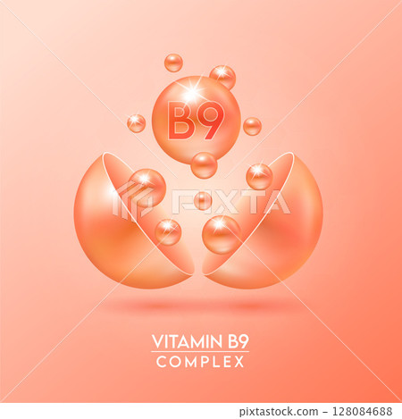 Orange vitamin B9 complex and Minerals float out of the capsule isolated on dark background. Dietary supplement for pharmacy advertisement, package design. Vector EPS10. Orange vitamin B9 complex and Minerals float out of the capsule isolated on dark background. Dietary supplement for pharmacy advertisement, package design. Vector EPS10. 128084688