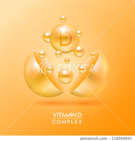 Orange vitamin D complex and Minerals float out of the capsule isolated on dark background. Dietary supplement for pharmacy advertisement, package design. Vector EPS10. 128084693