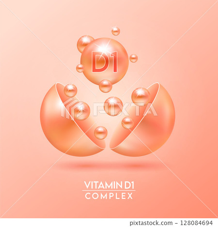 Orange vitamin D1 complex and Minerals float out of the capsule isolated on dark background. Dietary supplement for pharmacy advertisement, package design. Vector EPS10. 128084694