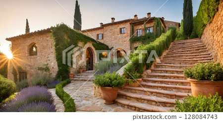Rustic Tuscan Villa with Stone Steps and Lush Garden at Sunset. for travel magazines, luxury real estate listings, website banners 128084743