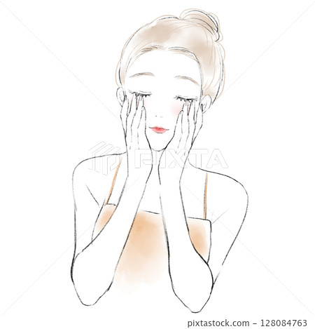 一位女士低頭用雙手按壓的插圖 128084763