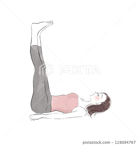一位女士在做瑜珈時雙腿抬高 90 度的全身插圖 一位女士在做瑜珈時雙腿抬高 90 度的全身插圖 128084767