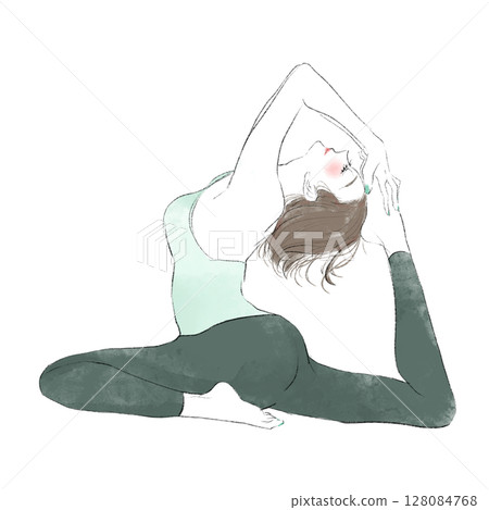 一位女士在瑜珈中做鴿子式的全身插圖 一位女士在瑜珈中做鴿子式的全身插圖 128084768