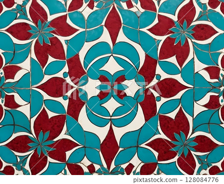 Ornate Eastern Mandala Pattern in Red, Teal, and Gold. Arabic pattern. for luxury fabric design, packaging, wallpapers, prints. 128084776