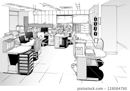 Cartoon style pen drawing illustration office district_indoor 128084780