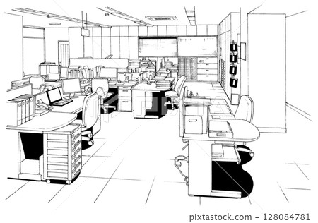 Cartoon style pen drawing illustration office district_indoor 128084781