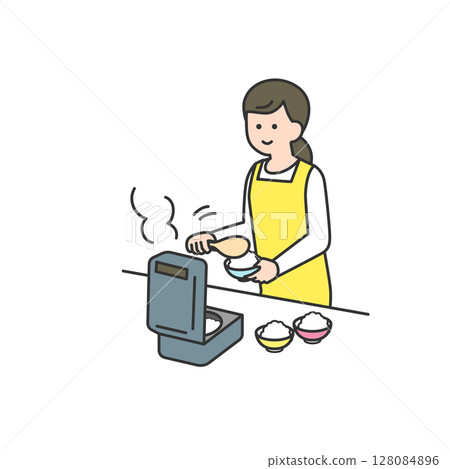 一位女士正在用電鍋盛飯 128084896