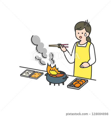 一名女子在廚房煎炸食物，油著火的場景 128084898