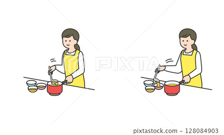 女人把湯從鍋子裡倒進湯碗裡 女人把湯從鍋子裡倒進湯碗裡 128084903