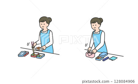 一位女士正在做兩人份的午餐 128084906