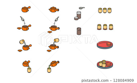 Green tea: Illustration set of teapots, teacups, and other utensils 128084909