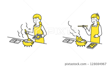 Woman making fried food in kitchen, accident 128084967