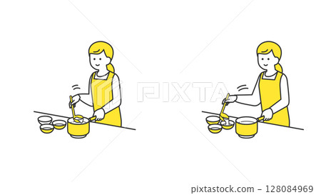 Woman pouring soup from a pot into a soup bowl Woman pouring soup from a pot into a soup bowl 128084969