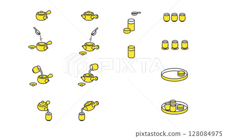 綠茶：茶壺、茶杯和其他用具的插圖集 128084975