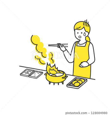 A scene where a woman was frying food in the kitchen and the oil caught fire A scene where a woman was frying food in the kitchen and the oil caught fire 128084980