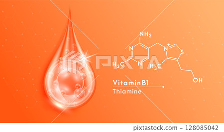 Serum drop water vitamin B1 orange and structure. Vitamins complex with collagen oxygen bubbles. Banner design template skin care cosmetics solution. Beauty medical concepts. Vector EPS10. Serum drop water vitamin B1 orange and structure. Vitamins complex with collagen oxygen bubbles. Banner design template skin care cosmetics solution. Beauty medical concepts. Vector EPS10. 128085042