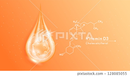 Serum drop water vitamin D3 orange and structure. Vitamins complex with collagen oxygen bubbles. Banner design template skin care cosmetics solution. Beauty medical concepts. 3D Realistic Vector EPS10 Serum drop water vitamin D3 orange and structure. Vitamins complex with collagen oxygen bubbles. Banner design template skin care cosmetics solution. Beauty medical concepts. 3D Realistic Vector EPS10 128085055