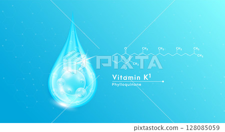 Serum drop water vitamin K1 blue and structure. Vitamins complex with collagen bubbles. Banner design template skin care cosmetics solution. Beauty medical concepts. Vector EPS10. 128085059