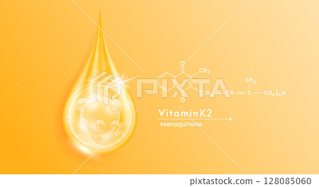 Serum drop water vitamin K2 orange and structure. Vitamins complex with collagen bubbles. Banner design template skin care cosmetics solution. Beauty medical concepts. Vector EPS10. 128085060