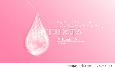 Serum drop water vitamin A pink and structure. Vitamins complex with collagen bubbles. Banner design template skin care cosmetics solution. Beauty medical concepts. Vector EPS10. Serum drop water vitamin A pink and structure. Vitamins complex with collagen bubbles. Banner design template skin care cosmetics solution. Beauty medical concepts. Vector EPS10. 128085073