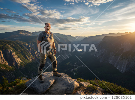 man with backpack on the top of the mountain 128085101