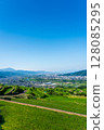 Nagano Prefecture landscape: View of the vast, cloudless Zenkoji Plain from the rice terraces of Obasute 128085295