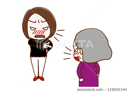 (Multiple) An angry woman pointing and yelling and an elderly woman arguing angrily against each other 128085344