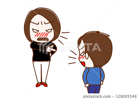 (Multiple) An angry woman pointing and yelling at someone and an angry boy arguing back and forth (Multiple) An angry woman pointing and yelling at someone and an angry boy arguing back and forth 128085348