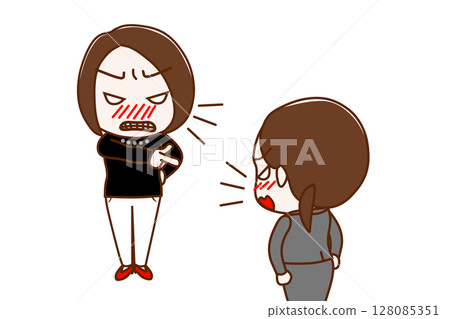 (Multiple) An angry woman pointing and yelling at someone and an angry woman in a suit arguing back and forth 128085351