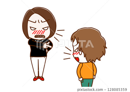 (Multiple) Caucasian boys arguing angrily with women pointing and yelling at each other 128085359