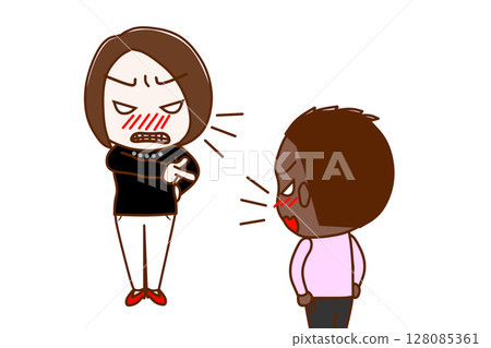 (Multiple) An angry woman pointing and yelling at someone and an African-American boy arguing angrily (Multiple) An angry woman pointing and yelling at someone and an African-American boy arguing angrily 128085361