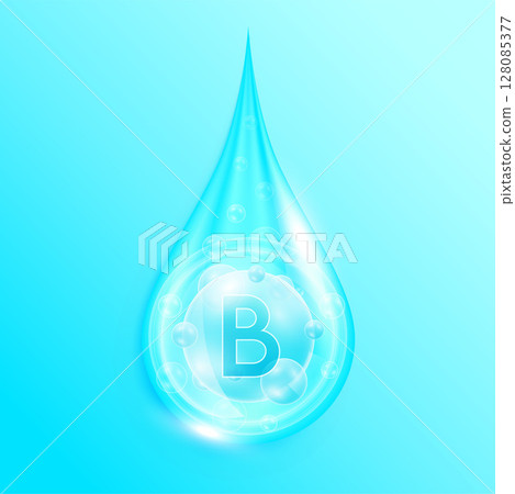 Serum drop water vitamin B blue. Vitamins complex mineral liquid with collagen oxygen bubbles. Skin care cosmetics solution design. Beauty medical concepts. 3D Realistic Vector EPS10. 128085377
