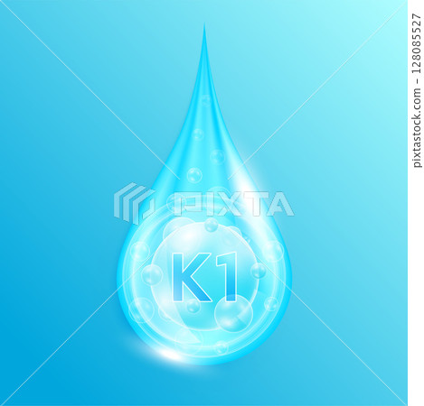 Serum drop water vitamin K1 blue. Vitamins complex mineral liquid with collagen oxygen bubbles. Skin care cosmetics solution design. Beauty medical concepts. 3D Realistic Vector EPS10. 128085527