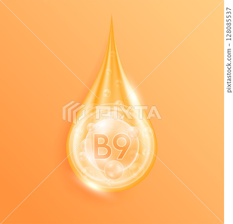 Serum drop water vitamin B9 orange. Vitamins complex mineral liquid with collagen oxygen bubbles. Skin care cosmetics solution design. Beauty medical concepts. 3D Realistic Vector EPS10. 128085537