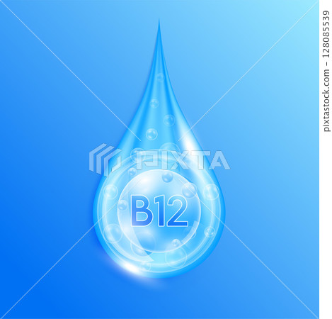 Serum drop water vitamin B12 blue. Vitamins complex mineral liquid with collagen oxygen bubbles. Skin care cosmetics solution design. Beauty medical concepts. 3D Realistic Vector EPS10. Serum drop water vitamin B12 blue. Vitamins complex mineral liquid with collagen oxygen bubbles. Skin care cosmetics solution design. Beauty medical concepts. 3D Realistic Vector EPS10. 128085539
