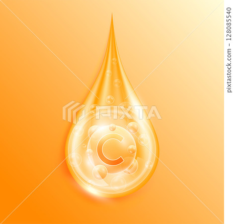 Serum drop water vitamin C orange. Vitamins complex mineral liquid with collagen oxygen bubbles. Skin care cosmetics solution design. Beauty medical concepts. 3D Realistic Vector EPS10. Serum drop water vitamin C orange. Vitamins complex mineral liquid with collagen oxygen bubbles. Skin care cosmetics solution design. Beauty medical concepts. 3D Realistic Vector EPS10. 128085540